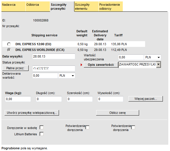 SZCZEGÓŁY PRZESYŁKI W tej zakładce należy wybrać rodzaj usługi, uzupełnić opis zawartości.