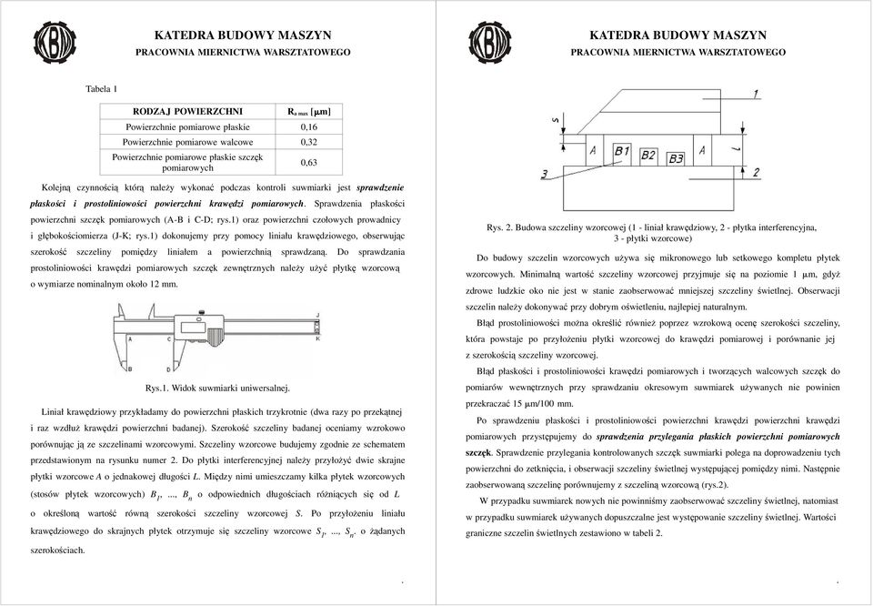 powierzchni czołowych prowadnicy i głębokościomierza (J-K; rys1) dokonujemy przy pomocy liniału krawędziowego, obserwując szerokość szczeliny pomiędzy liniałem a powierzchnią sprawdzaną Do