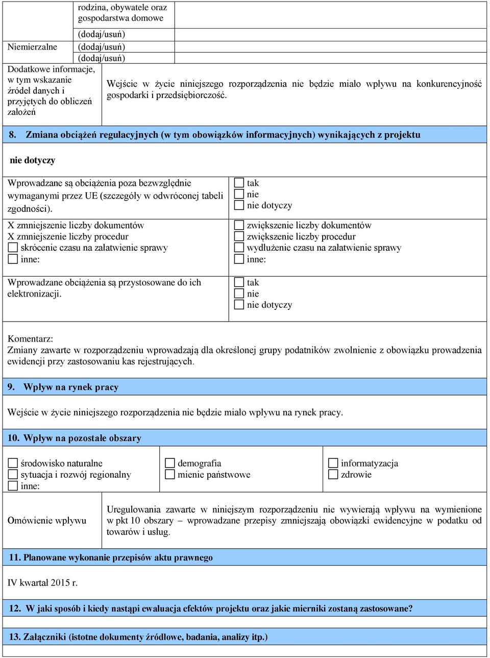 Zmiana obciążeń regulacyjnych (w tym obowiązków informacyjnych) wynikających z projektu nie dotyczy Wprowadzane są obciążenia poza bezwzględnie wymaganymi przez UE (szczegóły w odwróconej tabeli