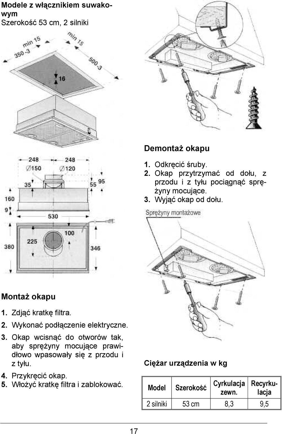 Okap wcisn0 do otworów tak, aby spr$&yny mocujce prawidowo wpasoway si$ z przodu i z tyu. 4. Przykr$ci0 okap. 5.
