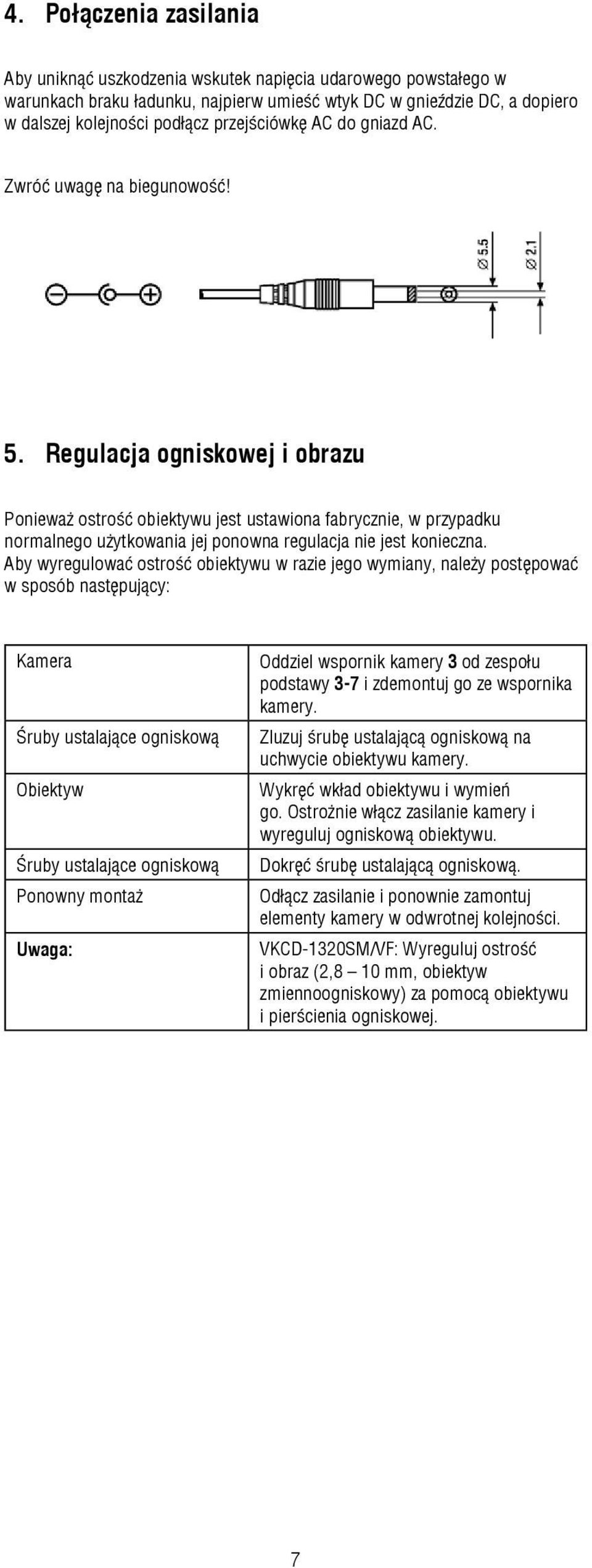 Regulacja ogniskowej i obrazu Ponieważ ostrość obiektywu jest ustawiona fabrycznie, w przypadku normalnego użytkowania jej ponowna regulacja nie jest konieczna.