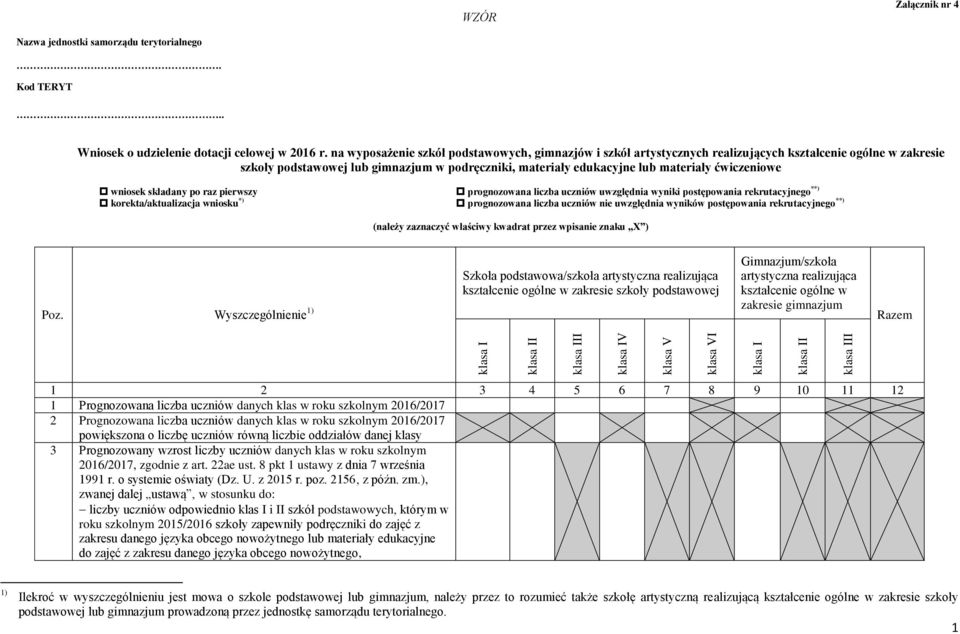 składany po raz pierwszy korekta/aktualizacja wniosku *) prognozowana liczba uczniów uwzględnia wyniki postępowania rekrutacyjnego **) prognozowana liczba uczniów nie uwzględnia wyników postępowania