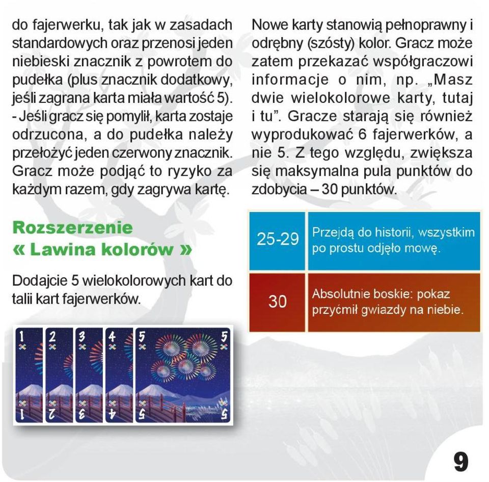 Nowe karty stanowią pełnoprawny i odrębny (szósty) kolor. Gracz może zatem przekazać współgraczowi informacje o nim, np. Masz dwie wielokolorowe karty, tutaj i tu.