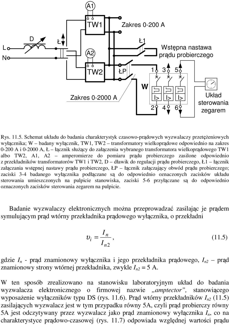 Schemat układu do badania charakterystyk czasowo-prądowych wyzwalaczy przetężeniowych wyłącznika; W badany wyłącznik, TW1, TW2 transformatory wielkoprądowe odpowiednio na zakres 0-200 A i 0-2000 A, Ł