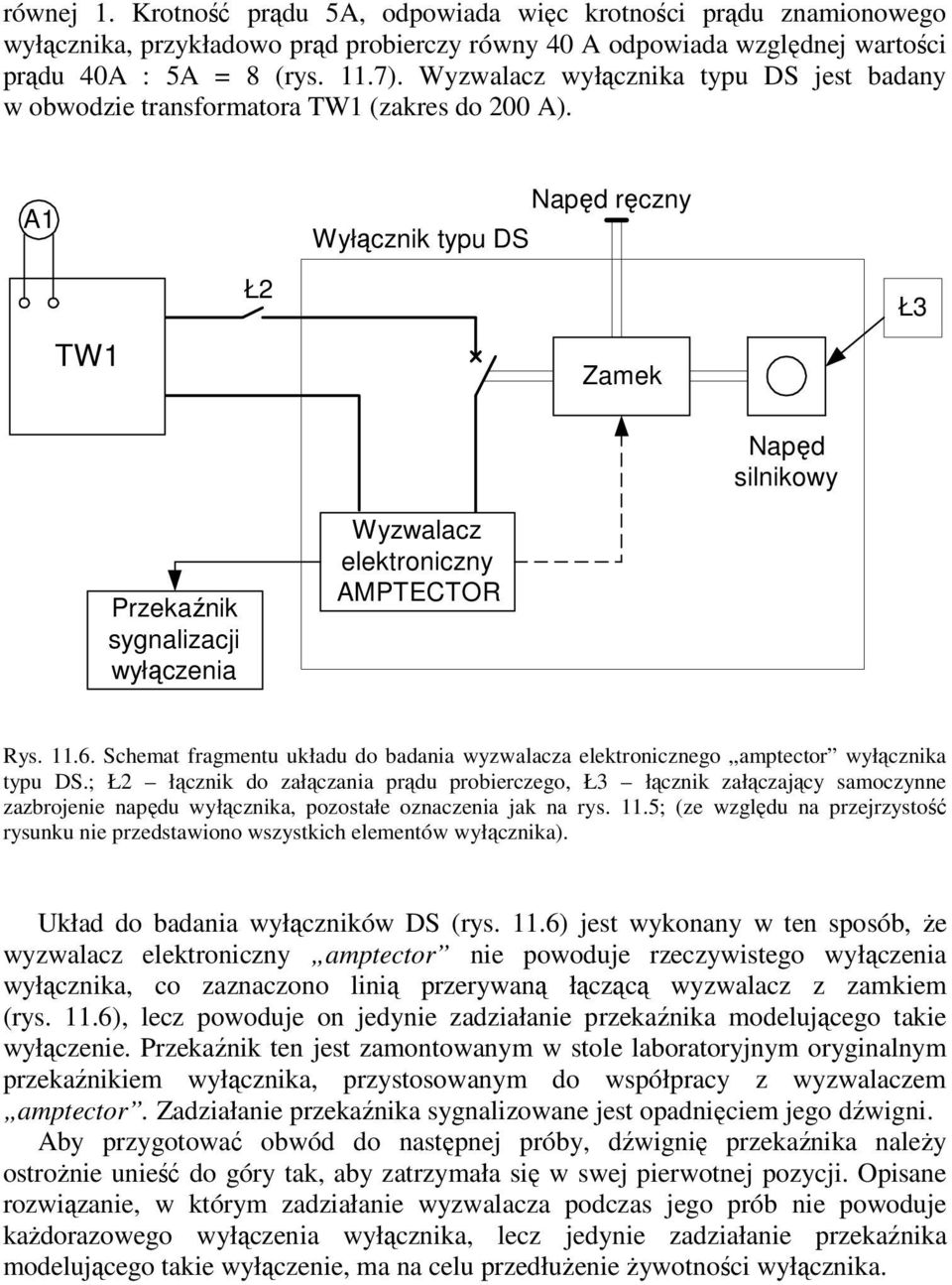 A1 TW1 Ł2 Wyłącznik typu DS Napęd ręczny Zamek Ł3 Napęd silnikowy Przekaźnik sygnalizacji wyłączenia Wyzwalacz elektroniczny AMPTECTOR Rys. 11.6.