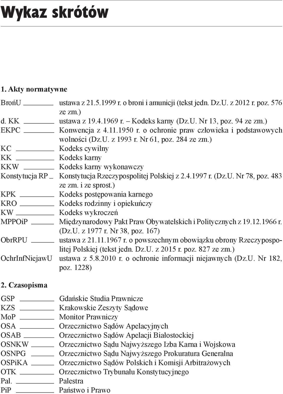 ) KC Kodeks cywilny KK Kodeks karny KKW Kodeks karny wykonawczy Konstytucja RP _ Konstytucja Rzeczypospolitej Polskiej z 2.4.1997 r. (Dz.U. Nr 78, poz. 483 ze zm. i ze sprost.