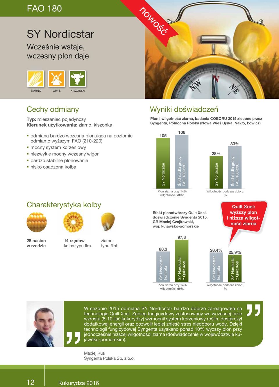 Polska (Nowa Wieś Ujska, Nakło, Łowicz) 105 SY Nordicstar 106 Średnia dla grupy FAO 180-230 Plon ziarna przy 14% wilgotności, dt/ha Efekt plonotwórczy Quilt Xcel, doświadczenie Syngenta 2015, GR