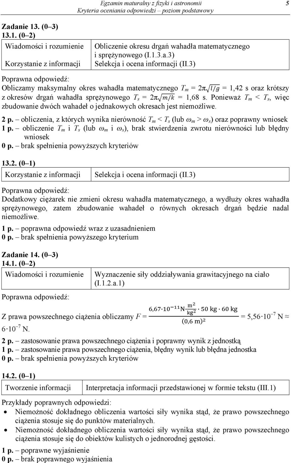 Ponieważ T m < T s, więc zbudowanie dwóch wahadeł o jednakowych okresach jest niemożliwe. 2 p. obliczenia, z których wynika nierówność T m < T s (lub ω m > ω s ) oraz poprawny wniosek 1 p.