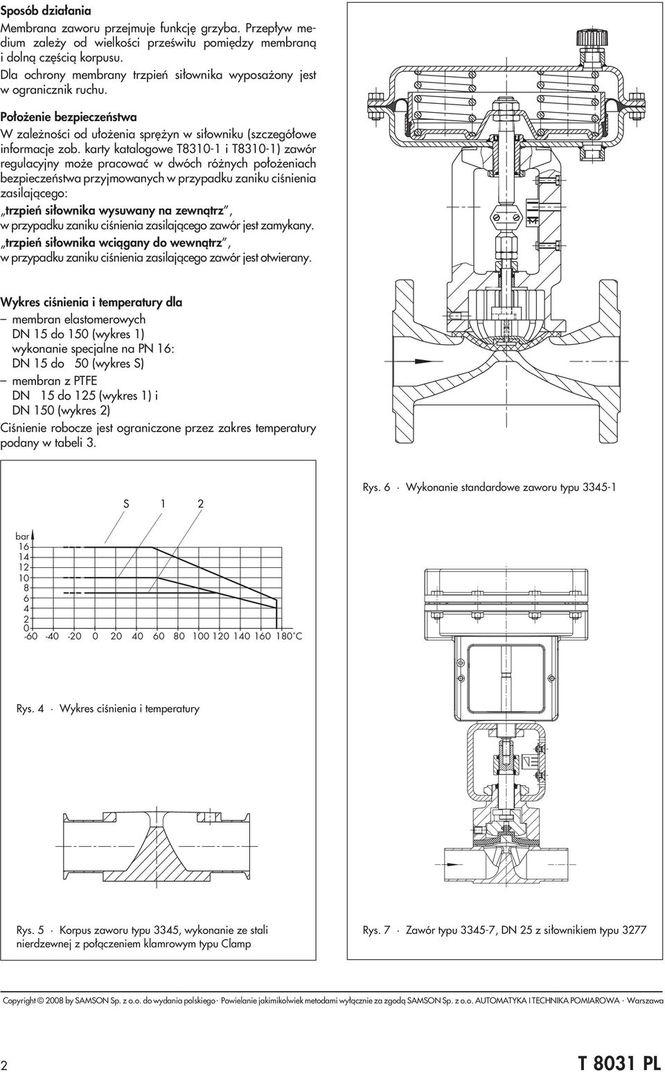 karty katalogowe T8310-1 i T8310-1) zawór regulacyjny mo e pracowaæ w dwóch ró nych po³o eniach bezpieczeñstwa przyjmowanych w przypadku zaniku ciœnienia zasilaj¹cego: trzpieñ si³ownika wysuwany na