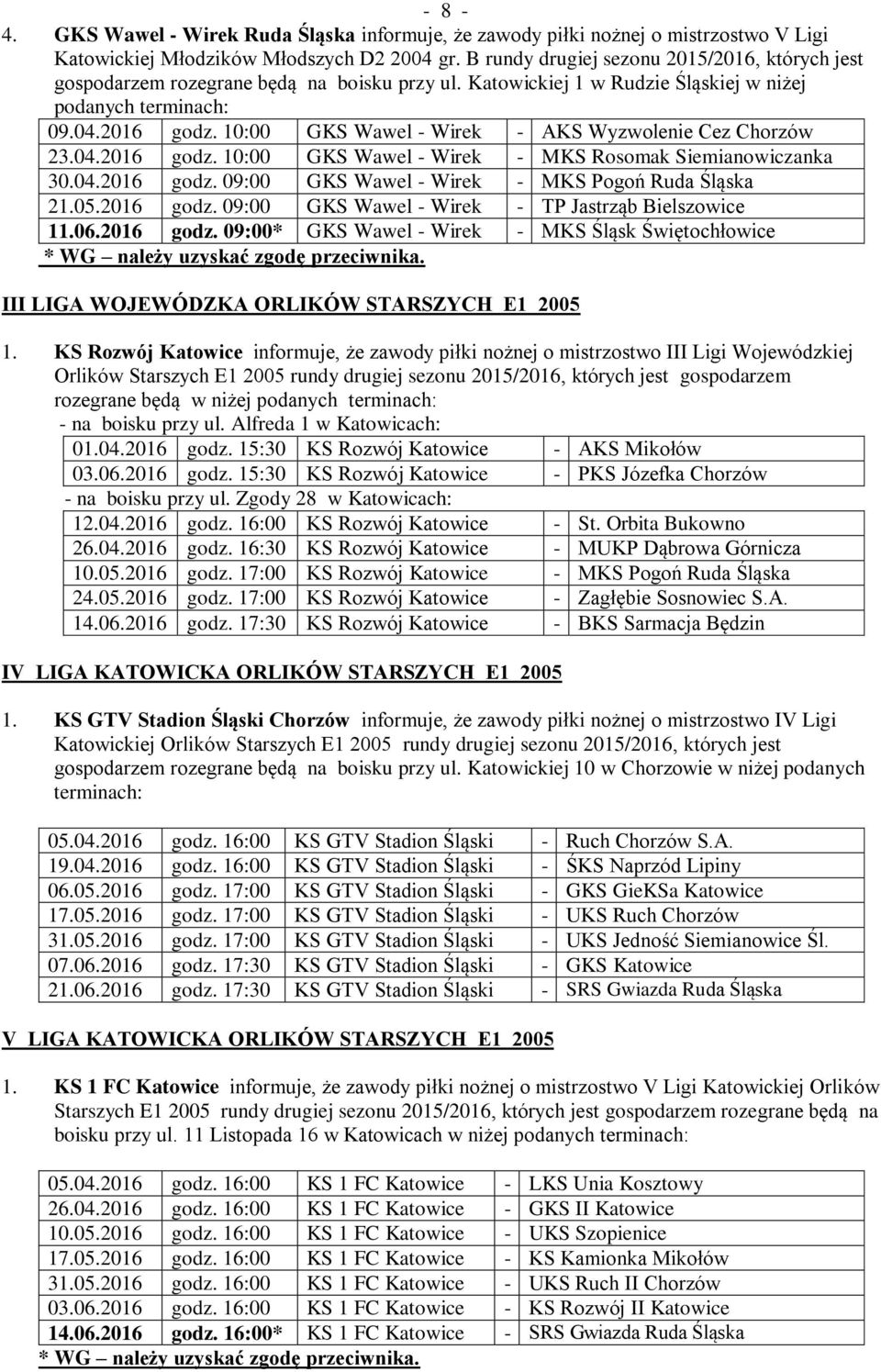 10:00 GKS Wawel - Wirek - AKS Wyzwolenie Cez Chorzów 23.04.2016 godz. 10:00 GKS Wawel - Wirek - MKS Rosomak Siemianowiczanka 30.04.2016 godz. 09:00 GKS Wawel - Wirek - MKS Pogoń Ruda Śląska 21.05.