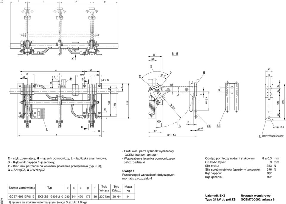 8 kg) Wyłącz Załącz GCE7169312R0119 EK6-ZS1-2406- 544 420 175 50 220 m 120 m 14 - Profil wału patrz rysunek wymiarowy GCEM 360 524, arkusz 1 - Wyposażenie łącznika pomocniczego patrz
