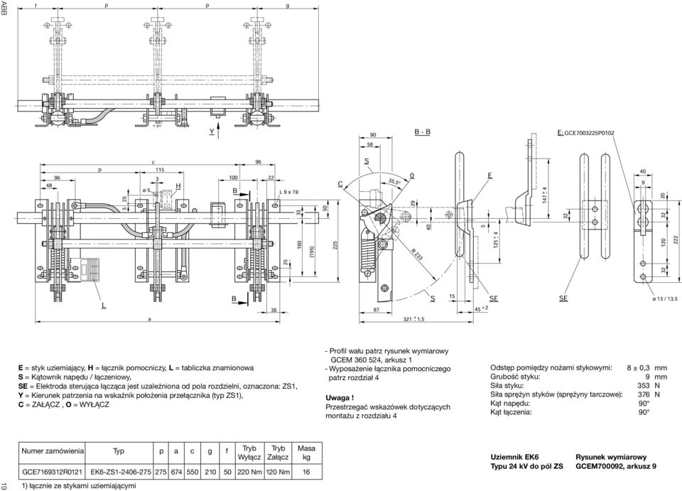EK6-ZS1-2406-275 275 674 550 50 220 m 120 m 16 Masa kg - Profil wału patrz rysunek wymiarowy GCEM 360 524, arkusz 1 - Wyposażenie łącznika pomocniczego patrz rozdział 4 Uwaga!