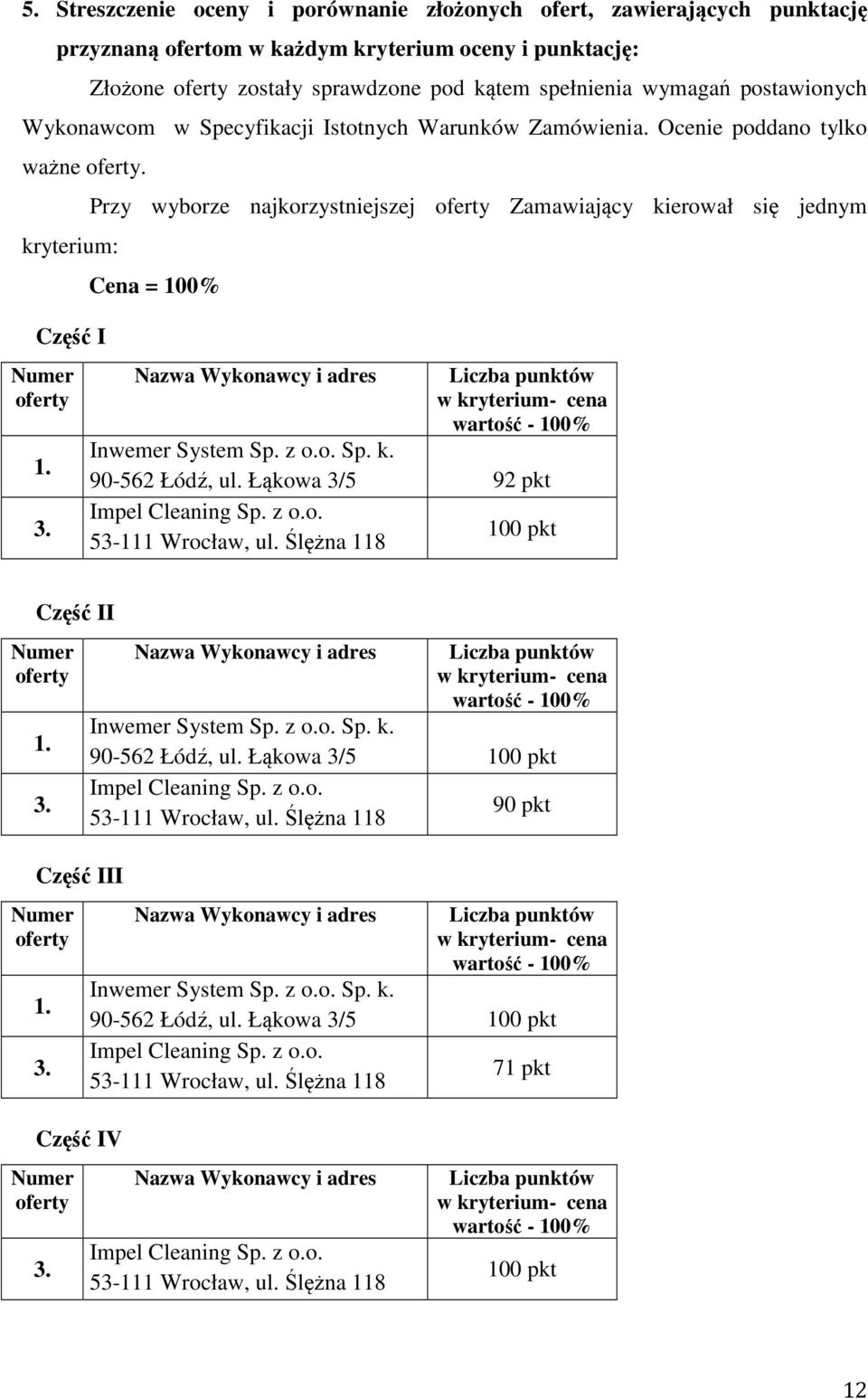 Przy wyborze najkorzystniejszej oferty Zamawiający kierował się jednym Cena = 100% Nazwa Wykonawcy i adres Liczba punktów w kryterium- cena wartość - 100% Inwemer System Sp. z o.o. Sp. k. 90-562 Łódź, ul.