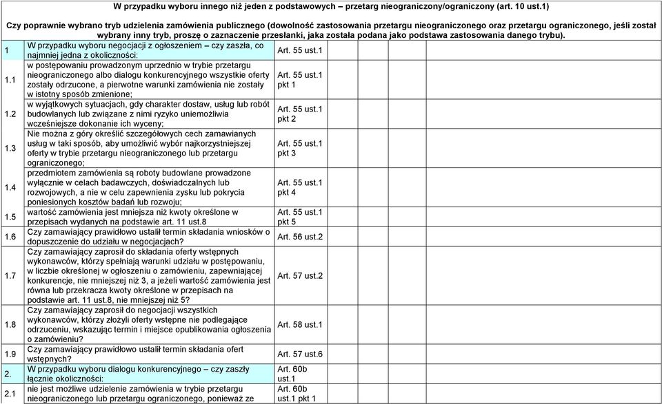 przesłanki, jaka została podana jako podstawa zastosowania danego trybu). 1 W przypadku wyboru negocjacji z ogłoszeniem czy zaszła, co najmniej jedna z okoliczności: Art. 55 ust.