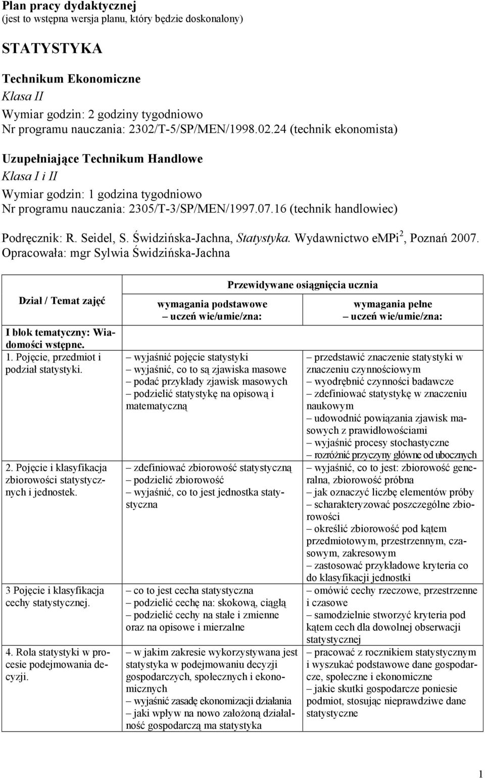 16 (technik handlowiec) Podręcznik: R. Seidel, S. Świdzińska-Jachna, Statystyka. Wydawnictwo empi 2, Poznań 2007.
