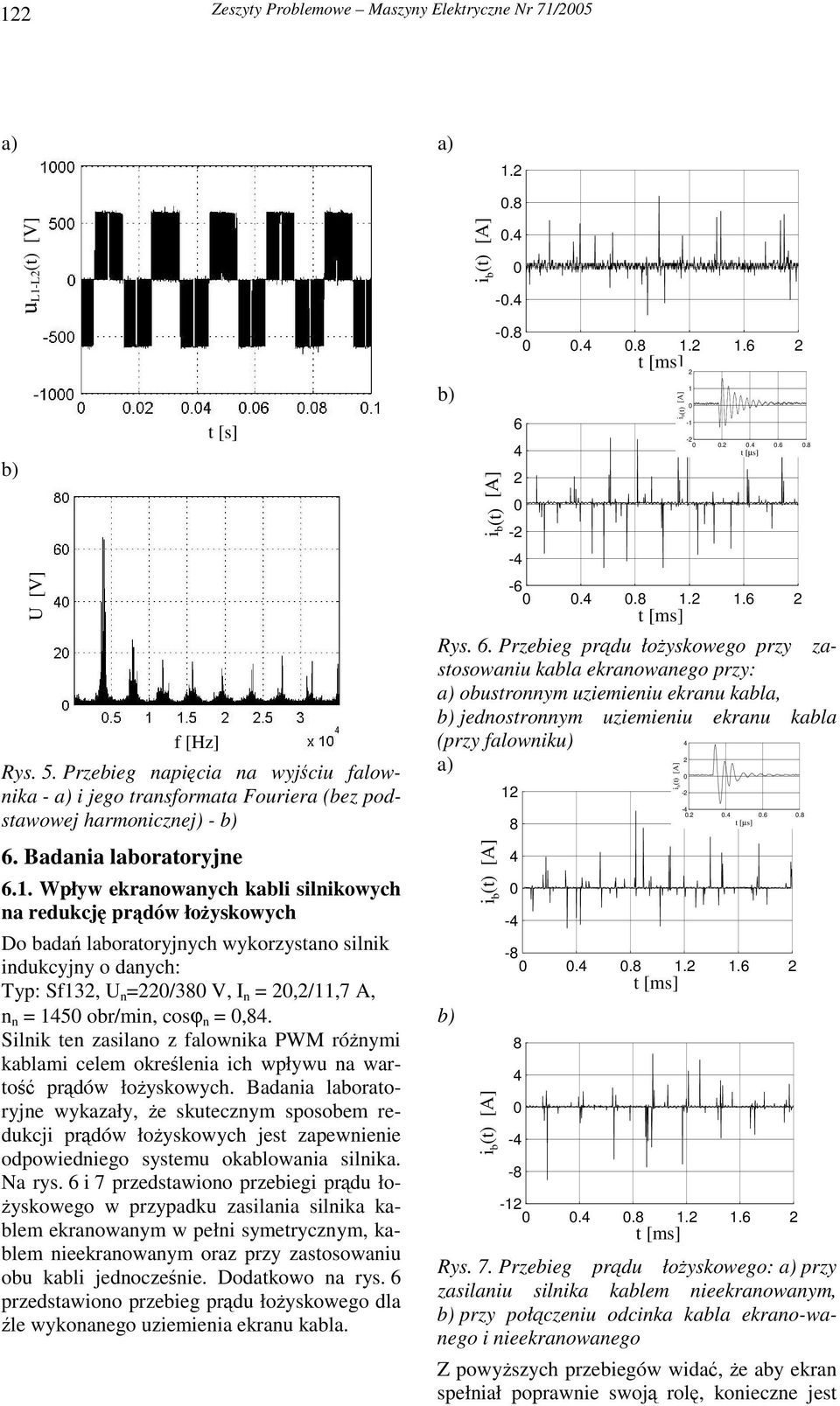Wpływ ekranowanych kabli silnikowych na redukcj prdów łoyskowych Do bada laboratoryjnych wykorzystano silnik indukcyjny o danych: Typ: Sf132, U n =22/38 V, I n = 2,2/11,7 A, n n = 15 obr/min, cosϕ n