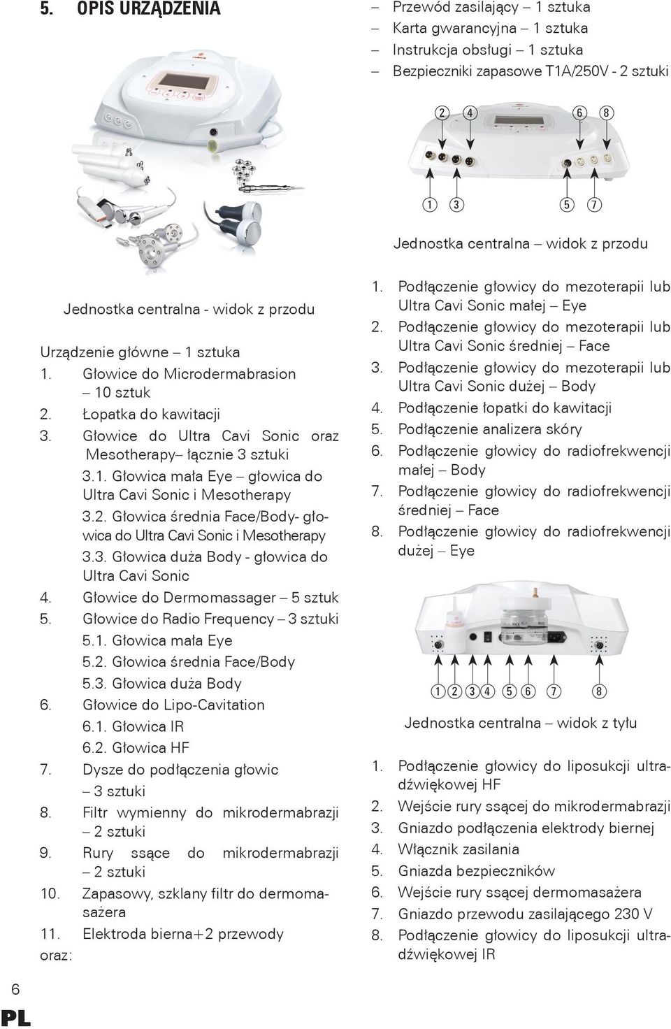 2. Głowica średnia Face/Body- głowica do Ultra Cavi Sonic i Mesotherapy 3.3. Głowica duża Body - głowica do Ultra Cavi Sonic 4. Głowice do Dermomassager 5 sztuk 5.