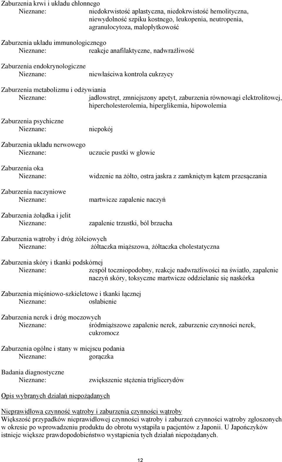 równowagi elektrolitowej, hipercholesterolemia, hiperglikemia, hipowolemia Zaburzenia psychiczne Zaburzenia układu nerwowego Zaburzenia oka Zaburzenia naczyniowe Zaburzenia żołądka i jelit niepokój