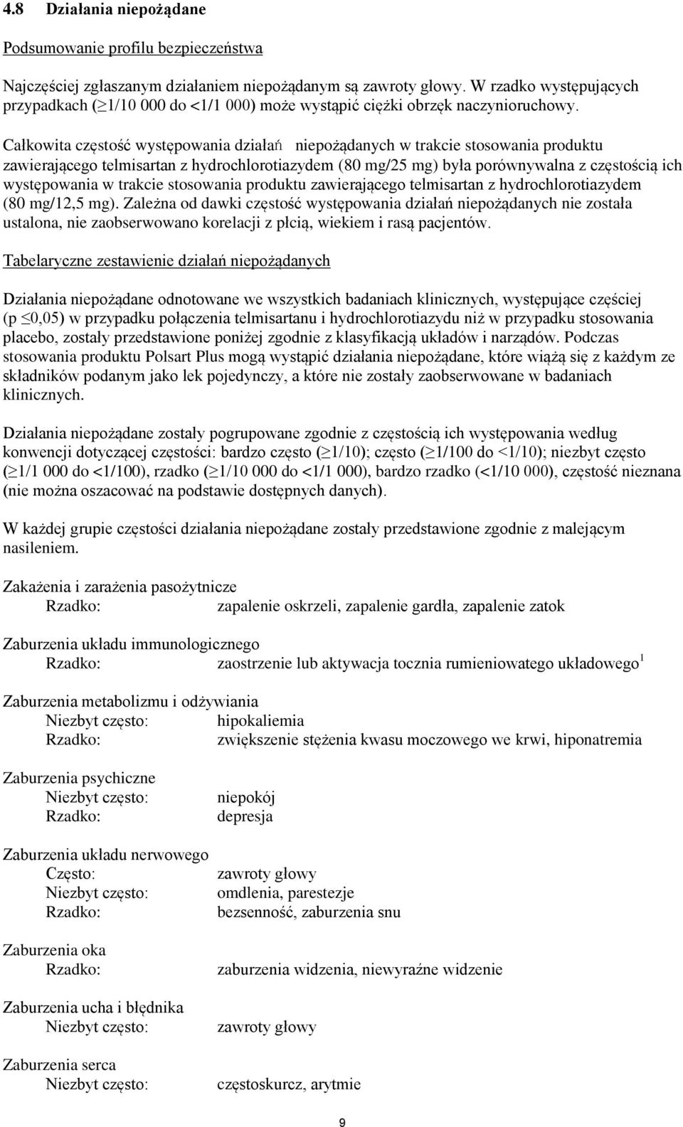 Całkowita częstość występowania działań niepożądanych w trakcie stosowania produktu zawierającego telmisartan z hydrochlorotiazydem (80 mg/25 mg) była porównywalna z częstością ich występowania w
