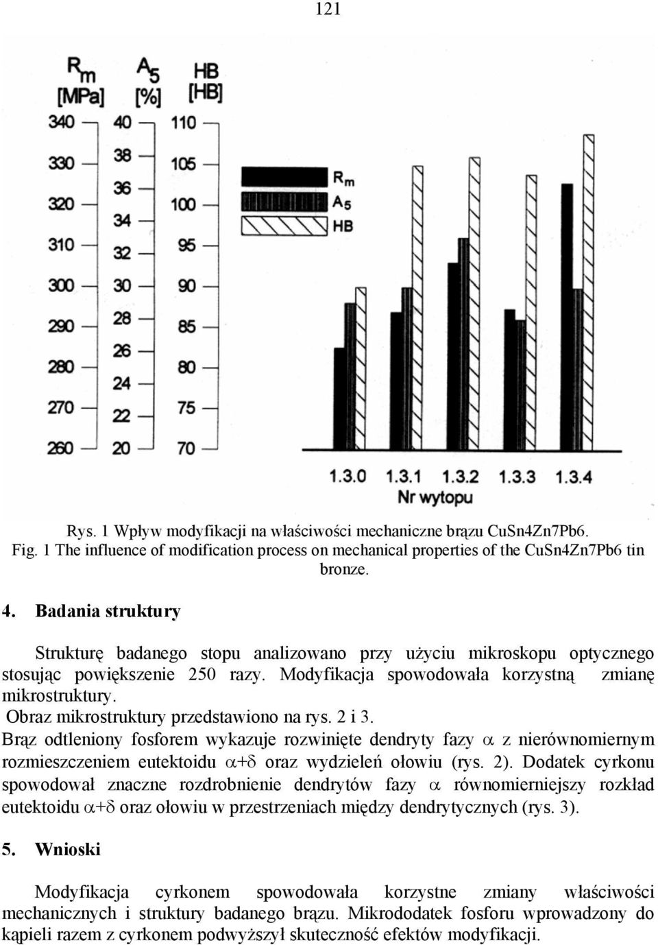 Obraz mikrostruktury przedstawiono na rys. 2 i 3. Brąz odtleniony fosforem wykazuje rozwinięte dendryty fazy α z nierównomiernym rozmieszczeniem eutektoidu α+δ oraz wydzieleń ołowiu (rys. 2).