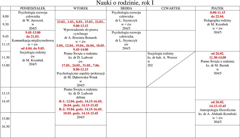 BrzemiaBonarek + ć 5.04., 12.04., 19.04., 26.04., 10.05. 9.4514.00 Pismo Śięte o rodzinie ks. dr D. Ledoń ć 17.05., 24.05., 31.05., 7.06. 8.0012.15 Psychologiczne aspekty prokreacji dr M.