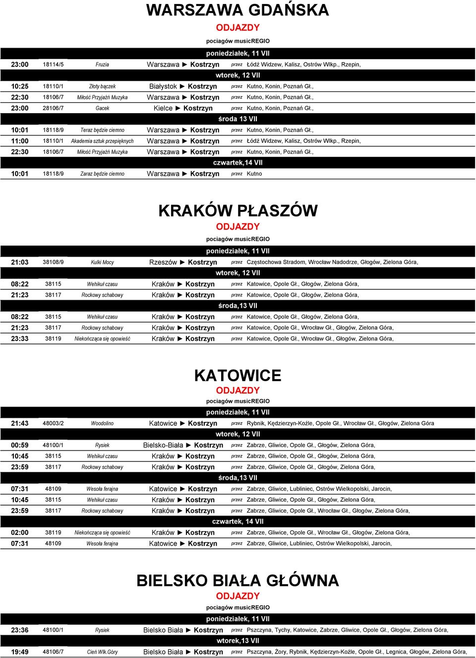 , środa 13 VII 10:01 18118/9 Teraz będzie ciemno Warszawa Kostrzyn przez Kutno, Konin, Poznań Gł., 11:00 18110/1 Akademia sztuk przepięknych Warszawa Kostrzyn przez Łódź Widzew, Kalisz, Ostrów Wlkp.