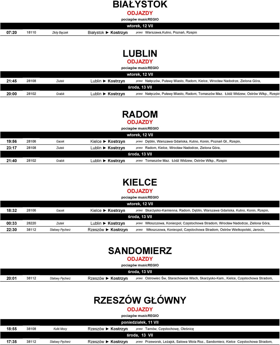 , Rzepin RADOM 19:56 28106 Gacek Kielce Kostrzyn przez Dęblin, Warszawa Gdańska, Kutno, Konin, Poznań Gł.