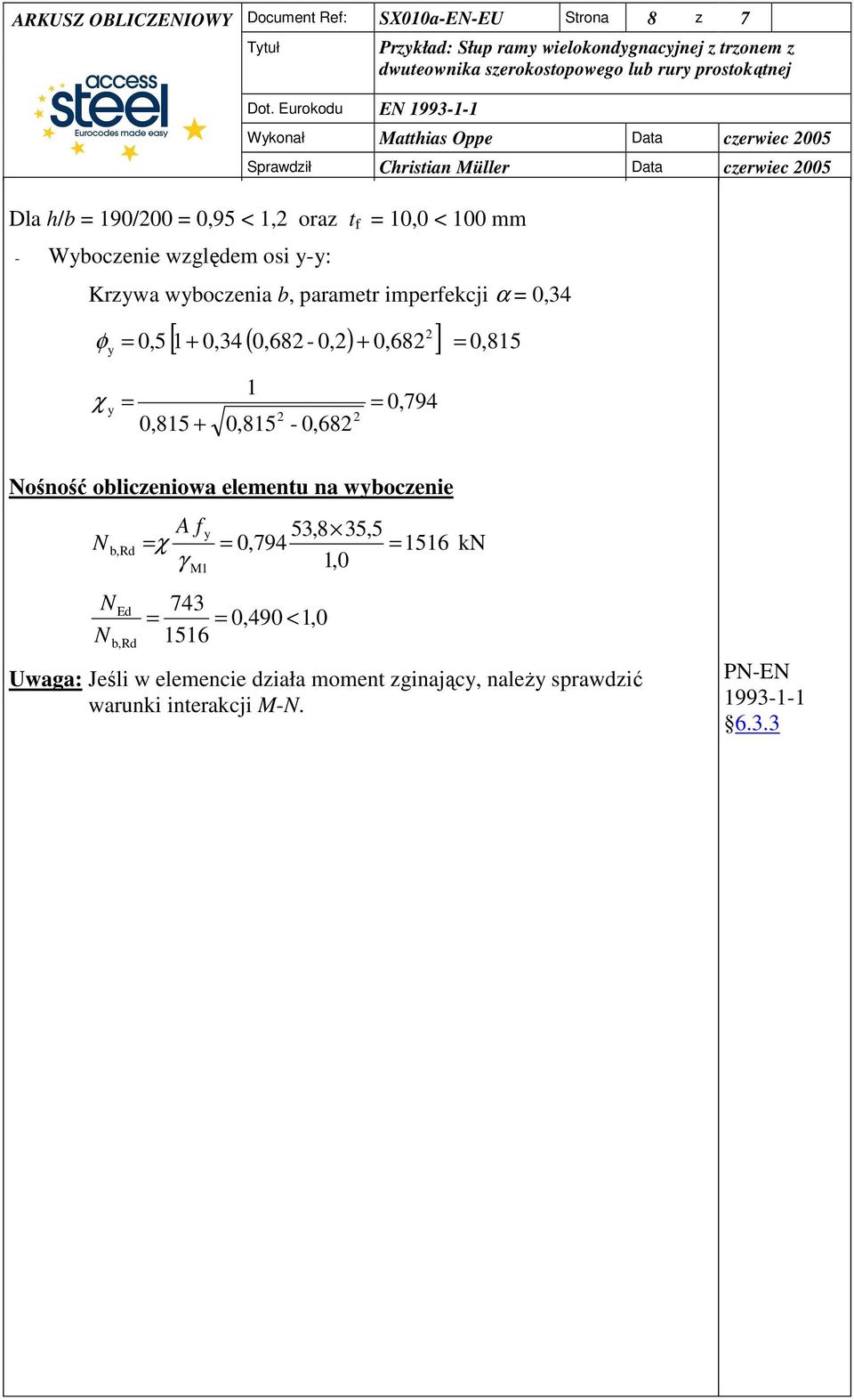 mm - Wyboczenie względem osi y-y: Krzywa wyboczenia b, parametr imperfekcji α 0,34 [ + 0,34 ( 0,68-0,) + 0,68 ] 0,85 φ y 0,5 χ 0,85 + y