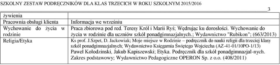 Jackowiak; Moje miejsce w Rodzinie podręcznik do nauki religii dla trzeciej klasy szkól ponadgimnazjalnych; Wydawnictwo Księgarnia Świętego Wojciecha