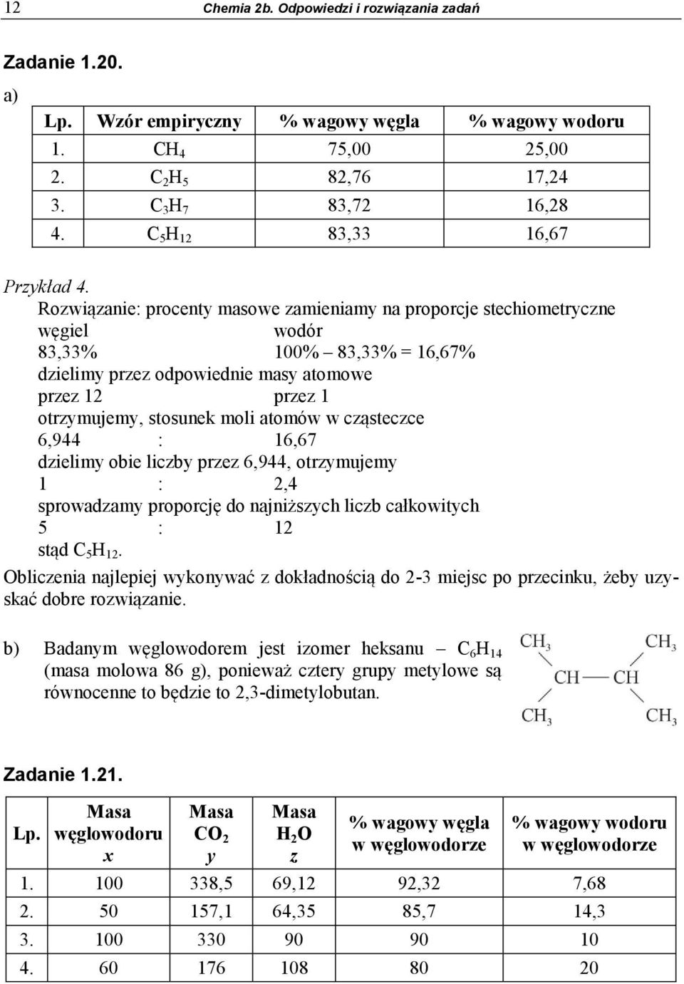 Rozwiązanie: procenty masowe zamieniamy na proporcje stechiometryczne węgiel wodór 83,33% 100% 83,33% = 16,67% dzielimy przez odpowiednie masy atomowe przez 12 przez 1 otrzymujemy, stosunek moli