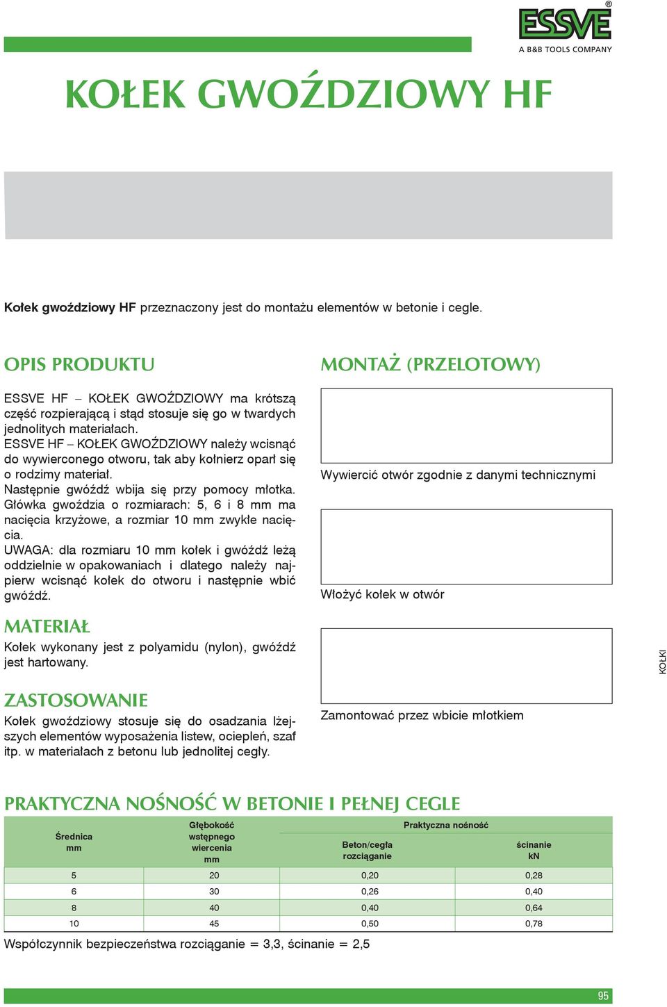 ESSVE HF KOŁEK GWOŹDZIOWY należy wcisnąć do wywierconego otworu, tak aby kołnierz oparł się o rodzimy materiał. Następnie gwóźdź wbija się przy pomocy młotka.