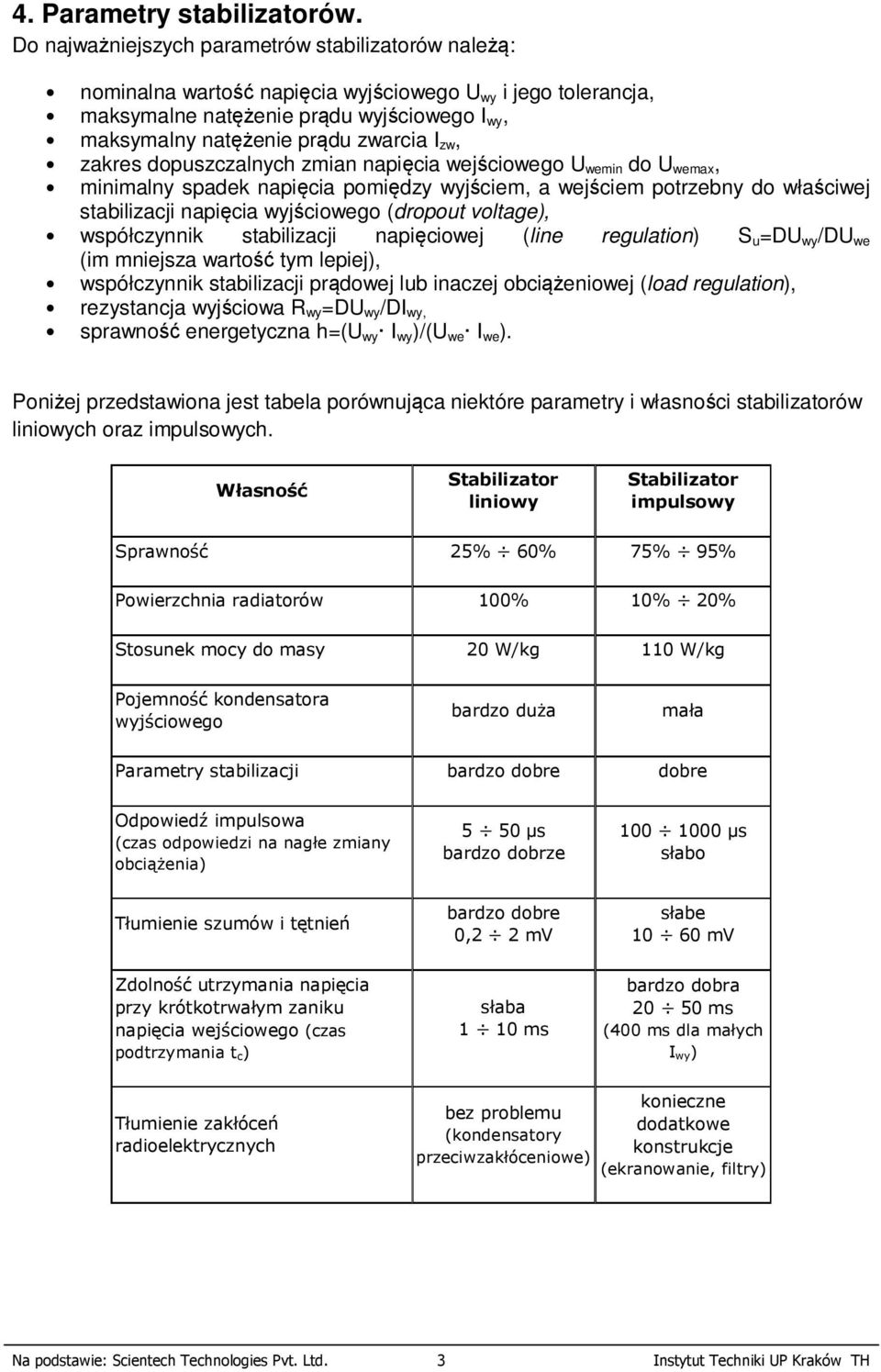 zw, zakres dopuszczalnych zmian napięcia wejściowego U wemin do U wemax, minimalny spadek napięcia pomiędzy wyjściem, a wejściem potrzebny do właściwej stabilizacji napięcia wyjściowego (dropout