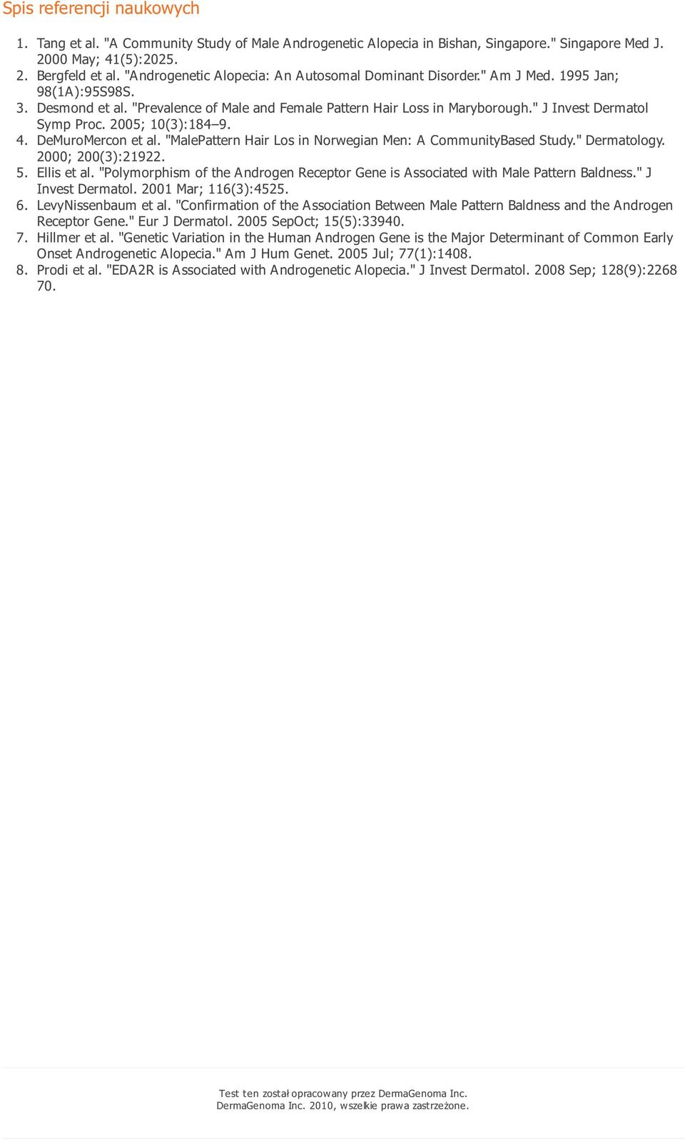 " J Invest Dermatol Symp Proc. 2005; 10(3):184 9. 4. DeMuroMercon et al. "MalePattern Hair Los in Norwegian Men: A CommunityBased Study." Dermatology. 2000; 200(3):21922. 5. Ellis et al.
