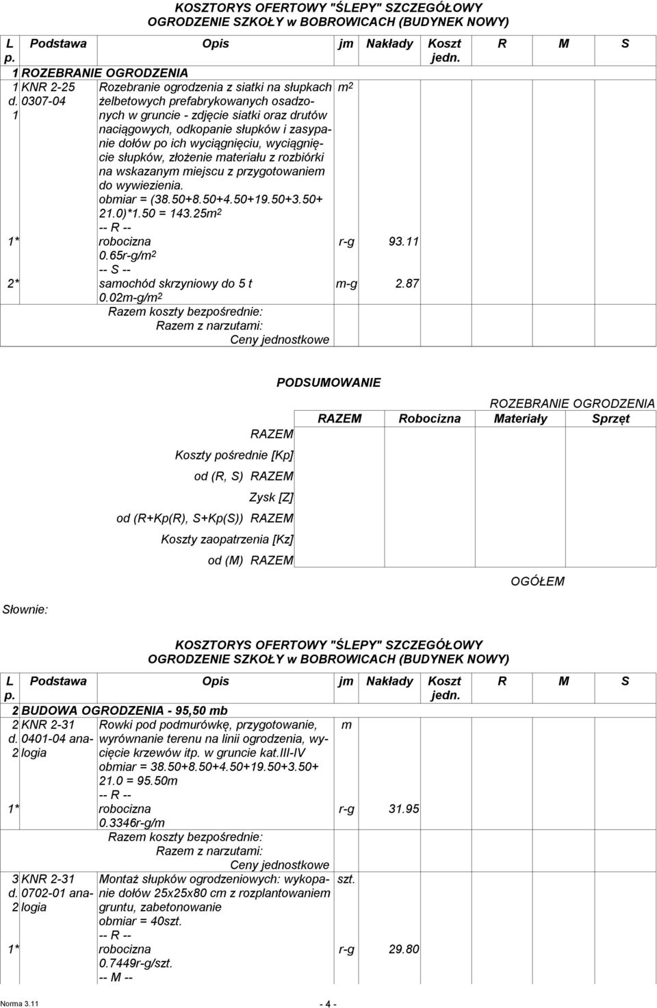 z rozbiórki na wskazanym miejscu z przygotowaniem do wywiezienia. obmiar = (38.50+8.50+4.50+19.50+3.50+ 1.0)*1.50 = 143.5m 1* robocizna r-g 93.11 0.65r-g/m -- S -- * samochód skrzyniowy do 5 t m-g.