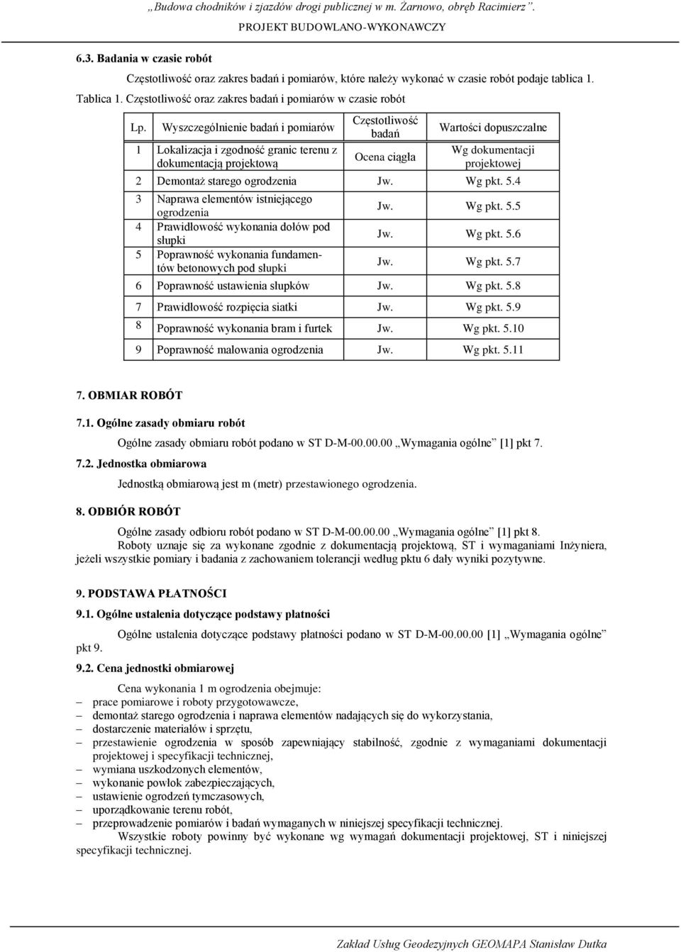 Wyszczególnienie badań i pomiarów 1 Lokalizacja i zgodność granic terenu z dokumentacją projektową Częstotliwość badań Ocena ciągła Wartości dopuszczalne Wg dokumentacji projektowej 2 Demontaż