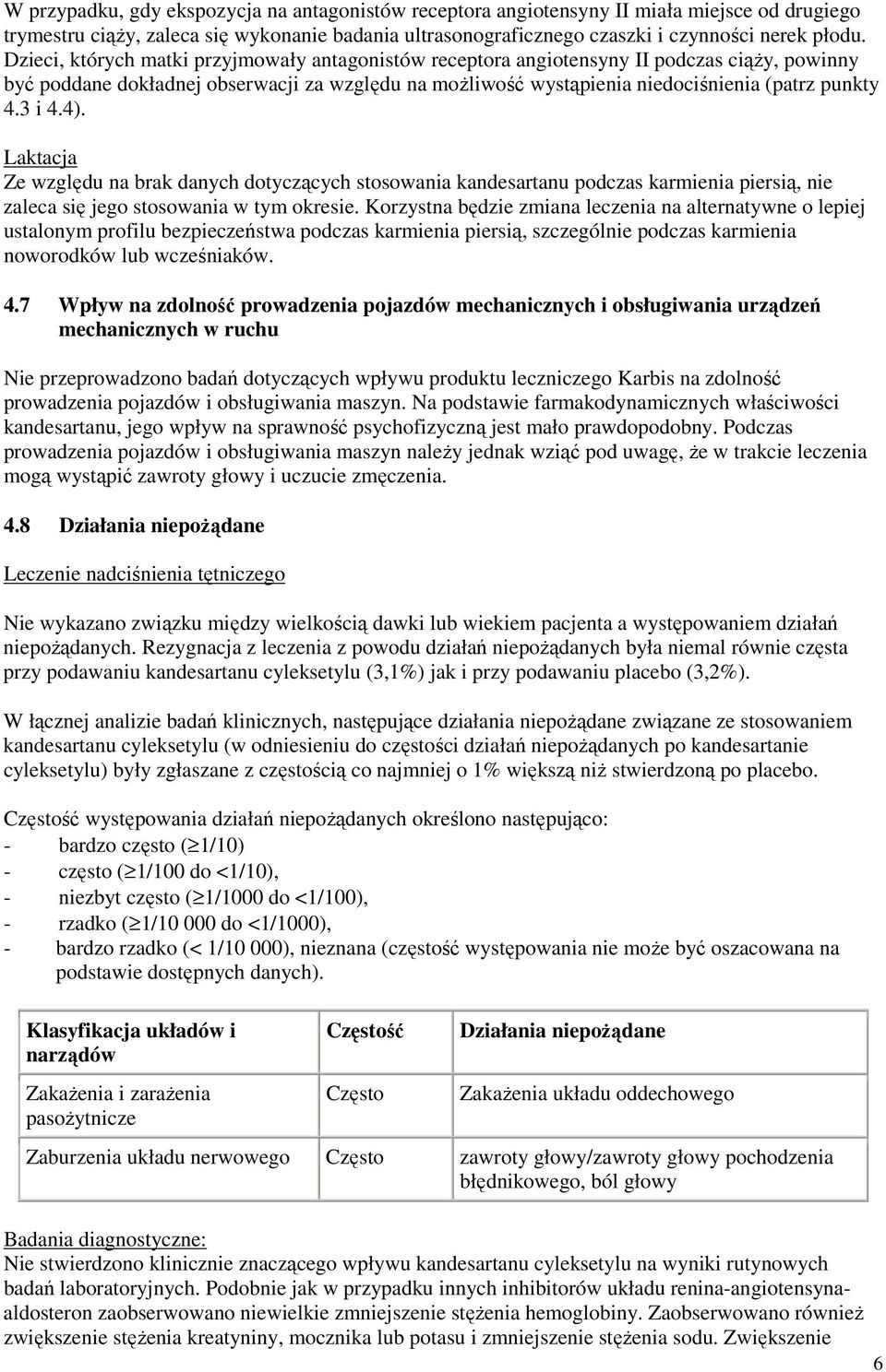 3 i 4.4). Laktacja Ze względu na brak danych dotyczących stosowania kandesartanu podczas karmienia piersią, nie zaleca się jego stosowania w tym okresie.