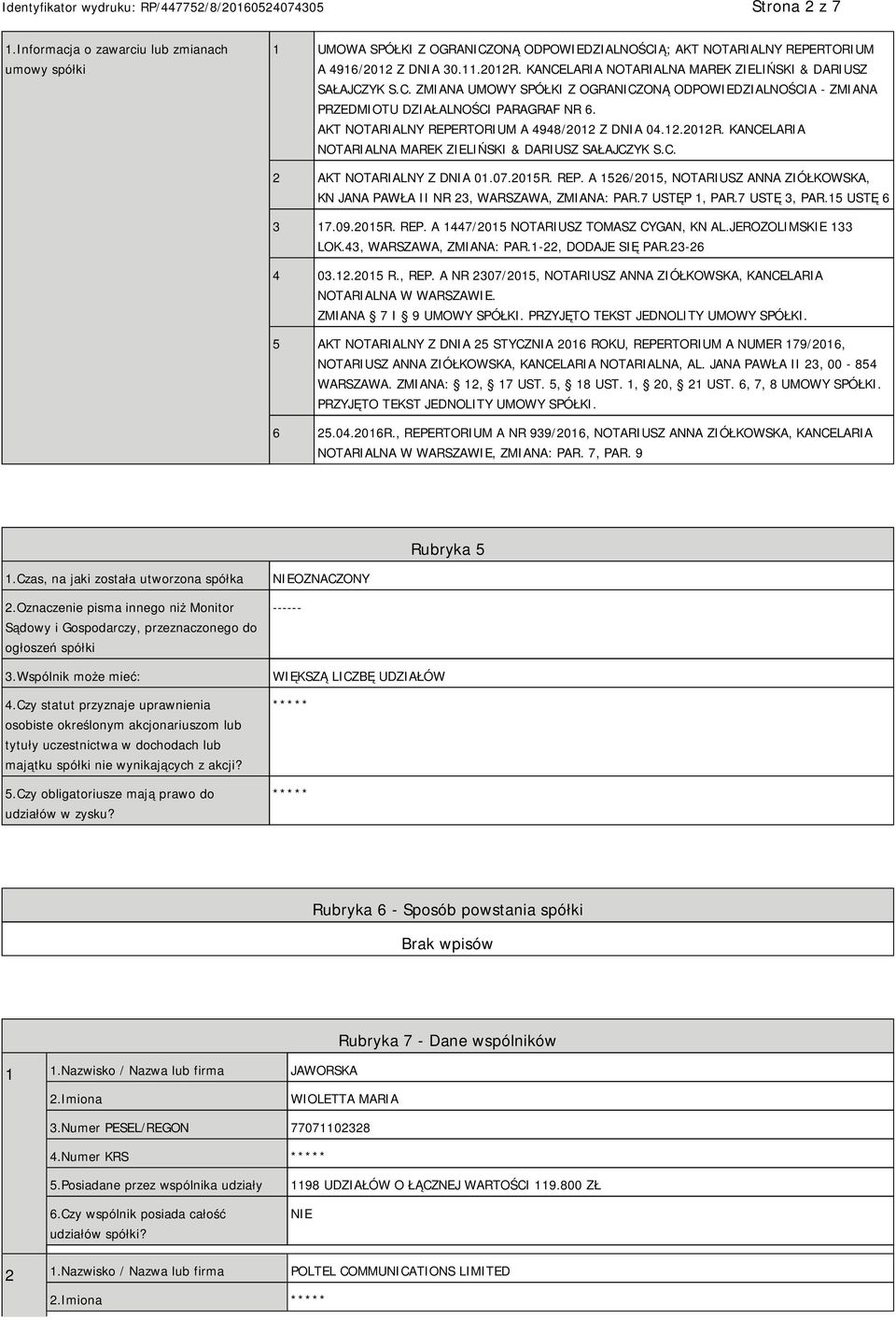 AKT NOTARIALNY REPERTORIUM A 4948/2012 Z DNIA 04.12.2012R. KANCELARIA NOTARIALNA MAREK ZIELIŃSKI & DARIUSZ SAŁAJCZYK S.C. 2 AKT NOTARIALNY Z DNIA 01.07.2015R. REP. A 1526/2015, NOTARIUSZ ANNA ZIÓŁKOWSKA, KN JANA PAWŁA II NR 23, WARSZAWA, ZMIANA: PAR.