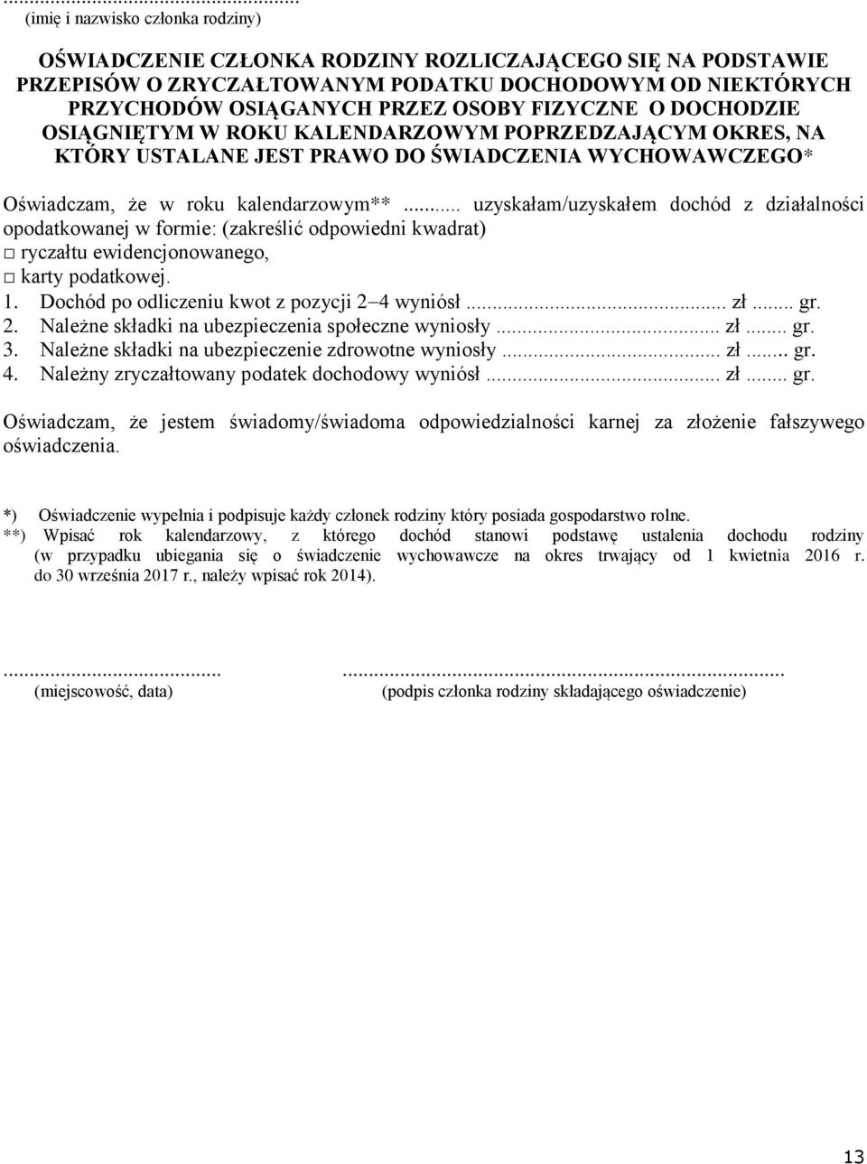 .. uzyskałam/uzyskałem dochód z działalności opodatkowanej w formie: (zakreślić odpowiedni kwadrat) ryczałtu ewidencjonowanego, karty podatkowej. 1. Dochód po odliczeniu kwot z pozycji 2 4 wyniósł.