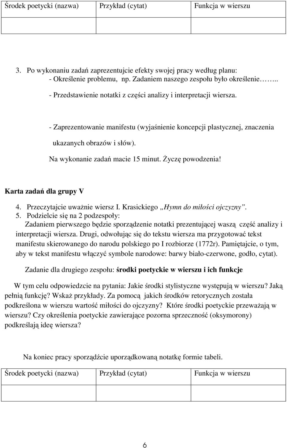 Drugi, odwołując się do tekstu wiersza ma przygotować tekst manifestu skierowanego do narodu polskiego po I rozbiorze (1772r).