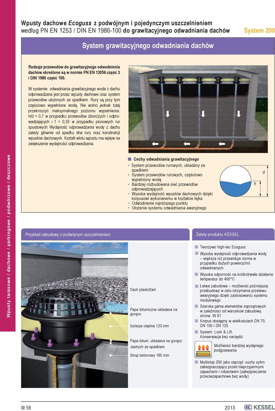 W systemie odwadniania grawitacyjnego woda z dachu odprowadzana jest przez wpusty dachowe oraz system przewodów ułożonych ze spadkiem. Rury są przy tym częściowo wypełnione wodą.