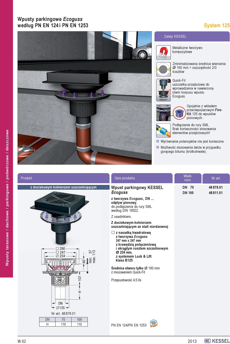 Wpusty tarasowe / dachowe / parkingowe / podwórzowe / deszczowe Produkt z dociskowym kołnierzem uszczelniającym 290 247 234 40 min. 57 max.