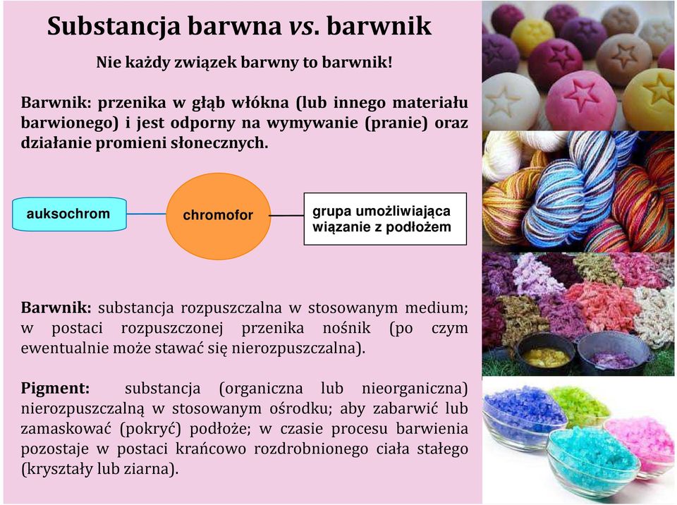 auksochrom chromofor grupa umożliwiająca wiązanie z podłożem Barwnik: substancja rozpuszczalna w stosowanym medium; w postaci rozpuszczonej przenika nośnik (po czym