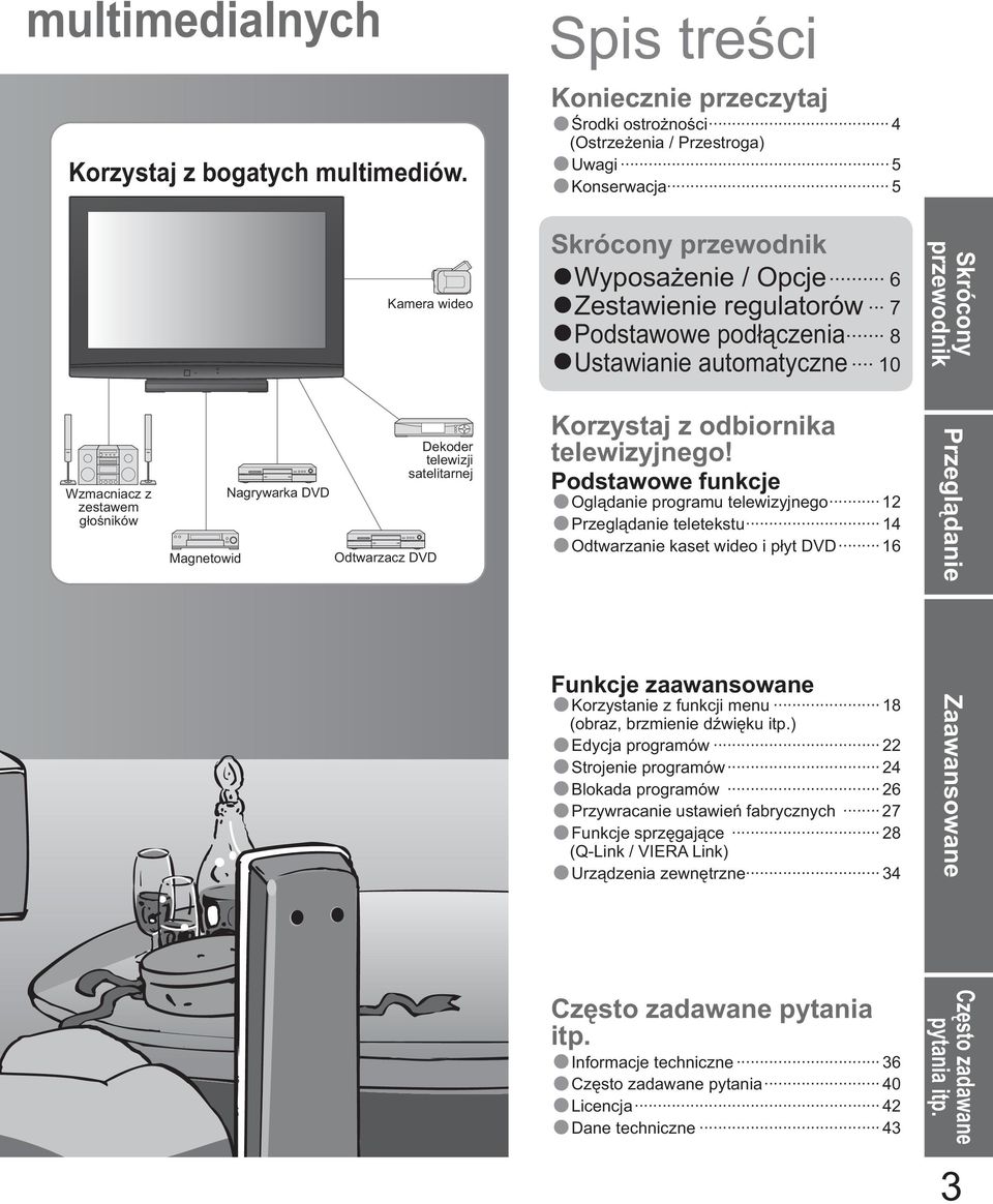 Uwagi 5 Konserwacja 5 Skrócony przewodnik Wyposa enie / Opcje 6 Zestawienie regulatorów 7 Podstawowe pod czenia 8 Ustawianie automatyczne 10 Korzystaj z odbiornika telewizyjnego!