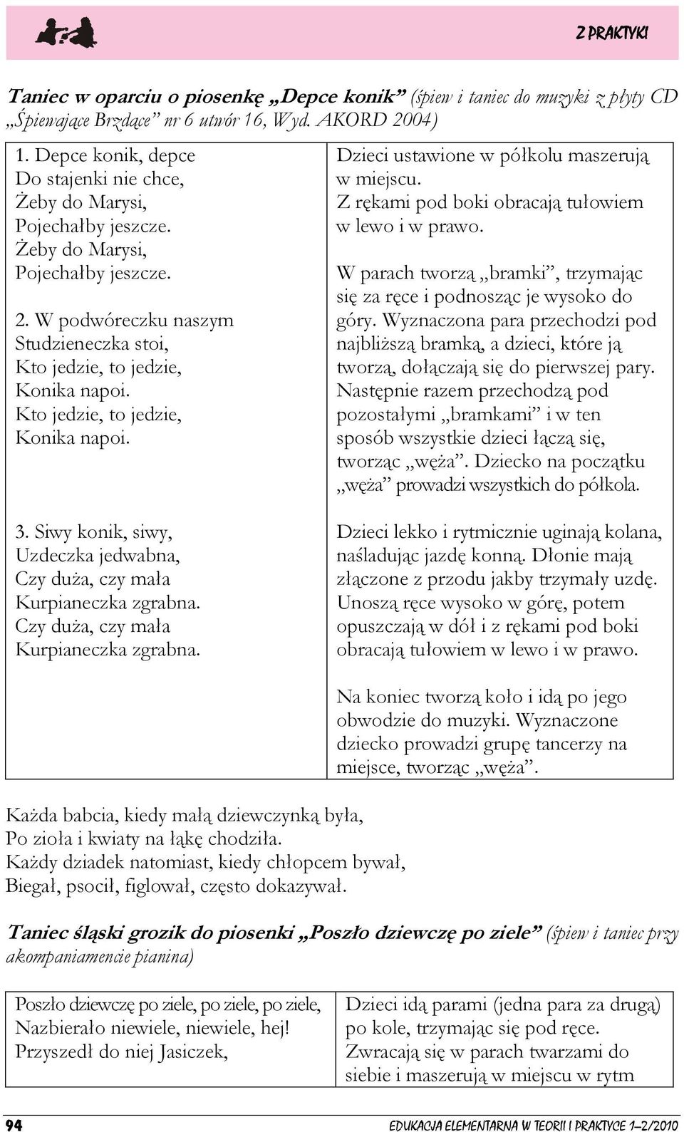 Kto jedzie, to jedzie, Konika napoi. Dzieci ustawione w półkolu maszerują w miejscu. Z rękami pod boki obracają tułowiem w lewo i w prawo.
