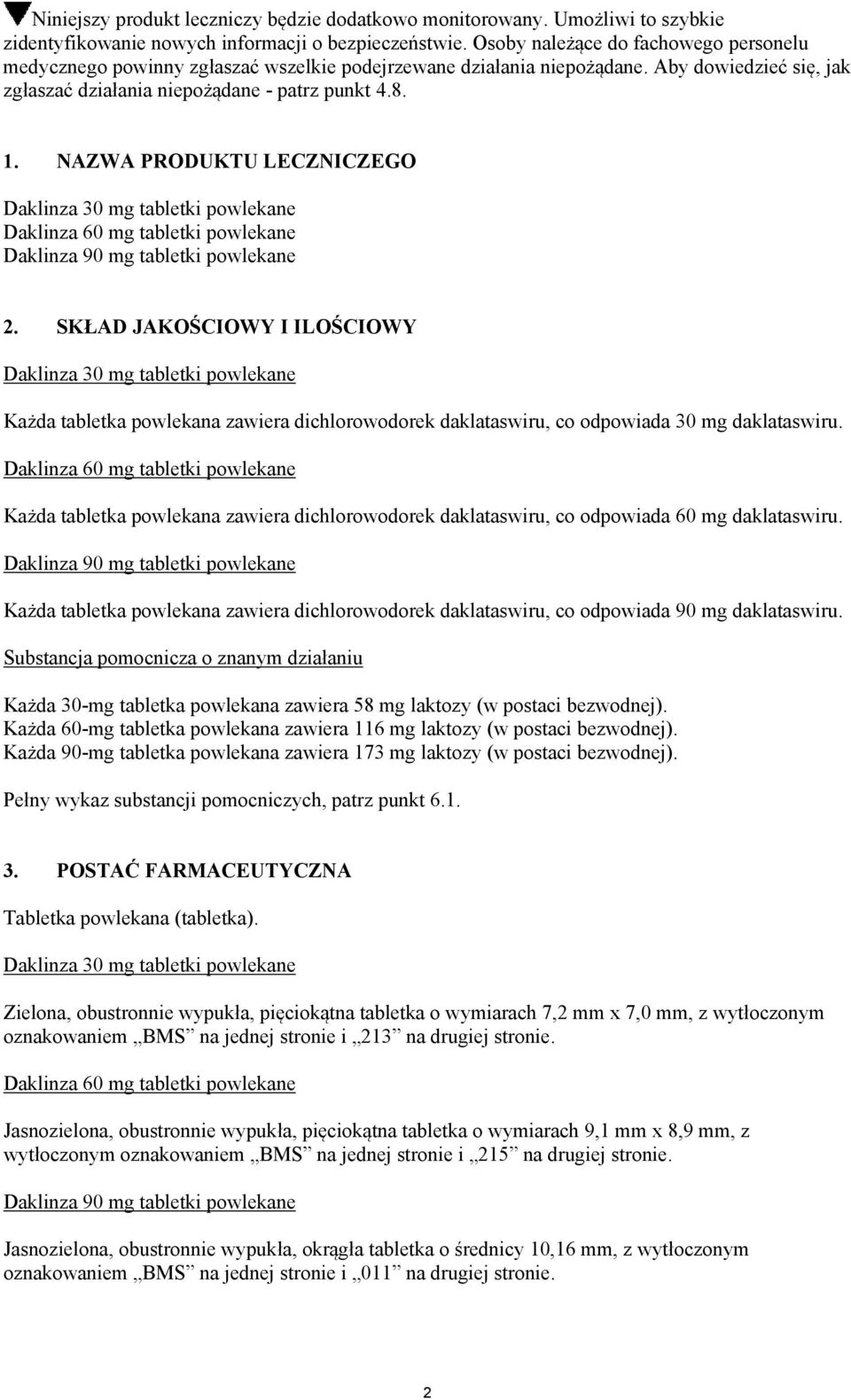NAZWA PRODUKTU LECZNICZEGO Daklinza 30 mg tabletki powlekane Daklinza 60 mg tabletki powlekane Daklinza 90 mg tabletki powlekane 2.