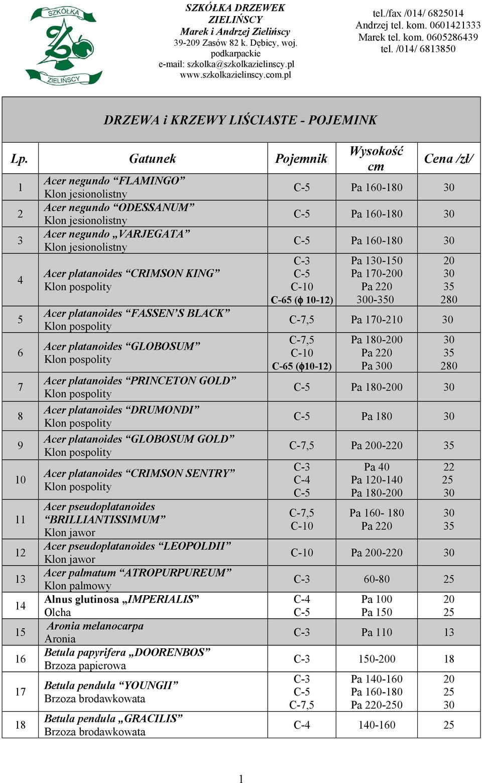 Gatunek Pojemnik 1 2 3 4 5 6 7 8 9 10 11 12 13 14 15 16 17 18 Acer negundo FLAMINGO Acer negundo ODESSANUM Acer negundo VARJEGATA Acer platanoides CRIMSON KING Acer platanoides FASSEN S BLACK Acer