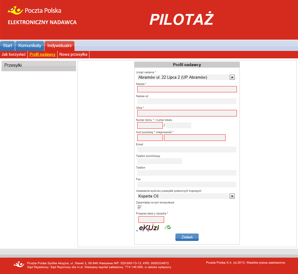 II. Obsługa aplikacji Po uruchomieniu programu na ekranie pojawia się okno Profil Nadawcy (Rys.