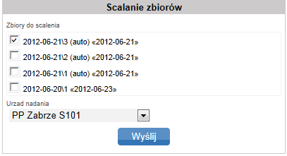 Rys. 32. Okno przekazywania zbioru. Scalanie zbiorów należy wybrać żądany zbiór oraz właściwą jednostkę Poczty Polskiej, do której dane mają zostać przesłane (rys. 32b).
