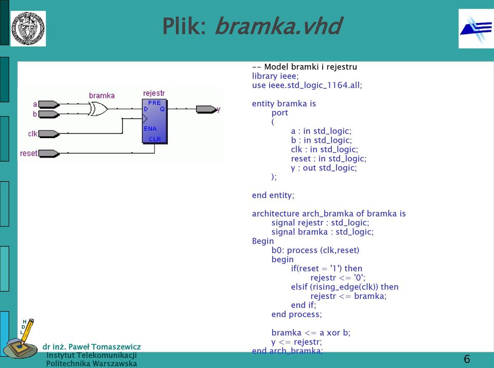 ); end entity; architecture arch_bramka of bramka is signal rejestr : std_logic; signal bramka : std_logic; Begin b0: process