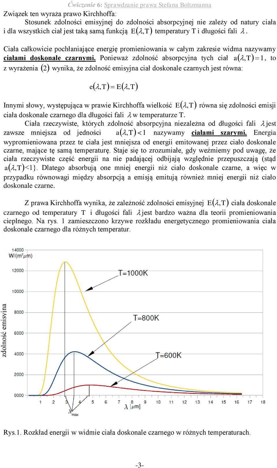 ciał a, T 1, o z wyrażenia wynika, że zdolność emisyjna ciał doskonale czarnych jes równa:, T E T e, Innymi słowy, wysęująca w rawie Kirchhoffa wielkość E,T równa się zdolności emisji ciała doskonale